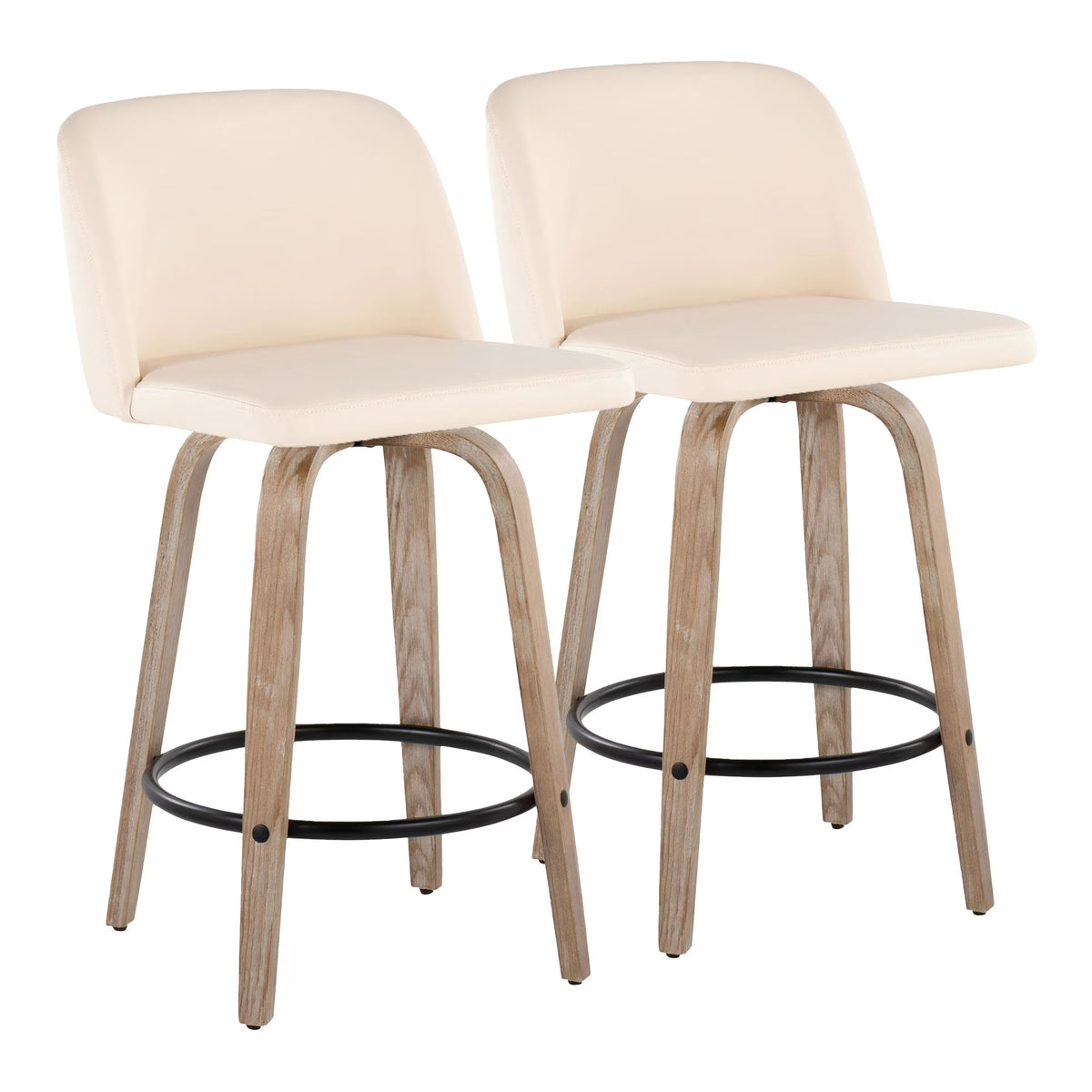 26" Counter Stool with Swivel in White-Washed Wood and Cream Faux Leather with Round Black Metal Footrest - Set of 2 A347