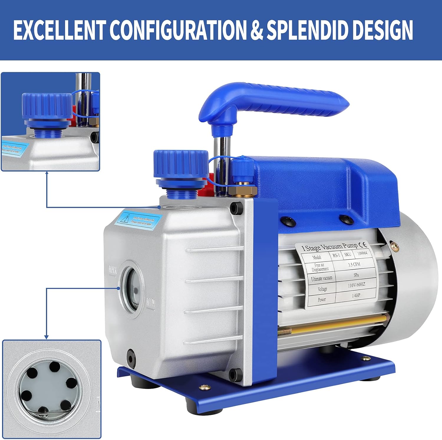 3.5 CFM Single Stage Rotary Vane Vacuum Pump, 1/4HP, 1/4" Flare U2241