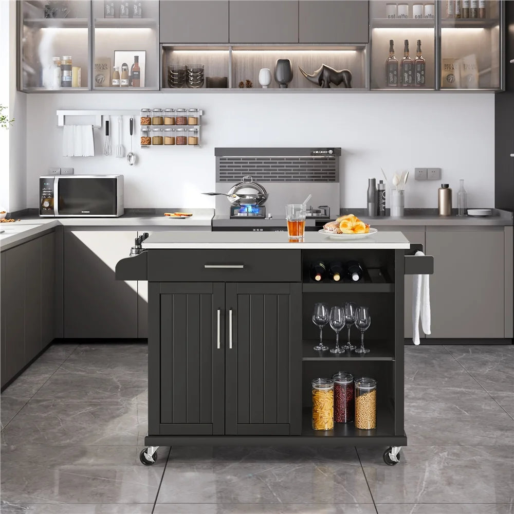 Black Kitchen Island Cart on Wheels with Stainless Steel Top and Open Shelves H1313