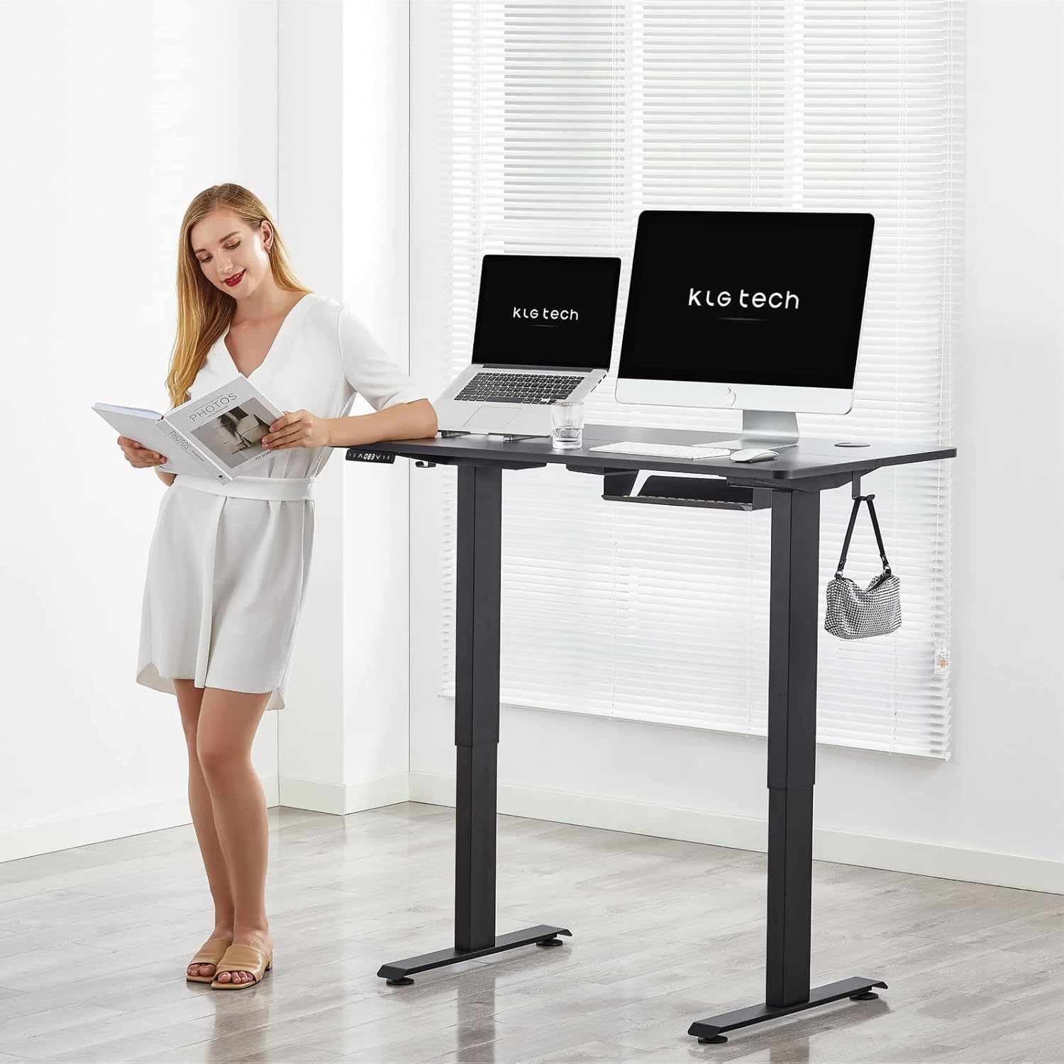 Black Steel Frame Walnut Top Electric Standing Desk, 48 x 24 Inch T519134