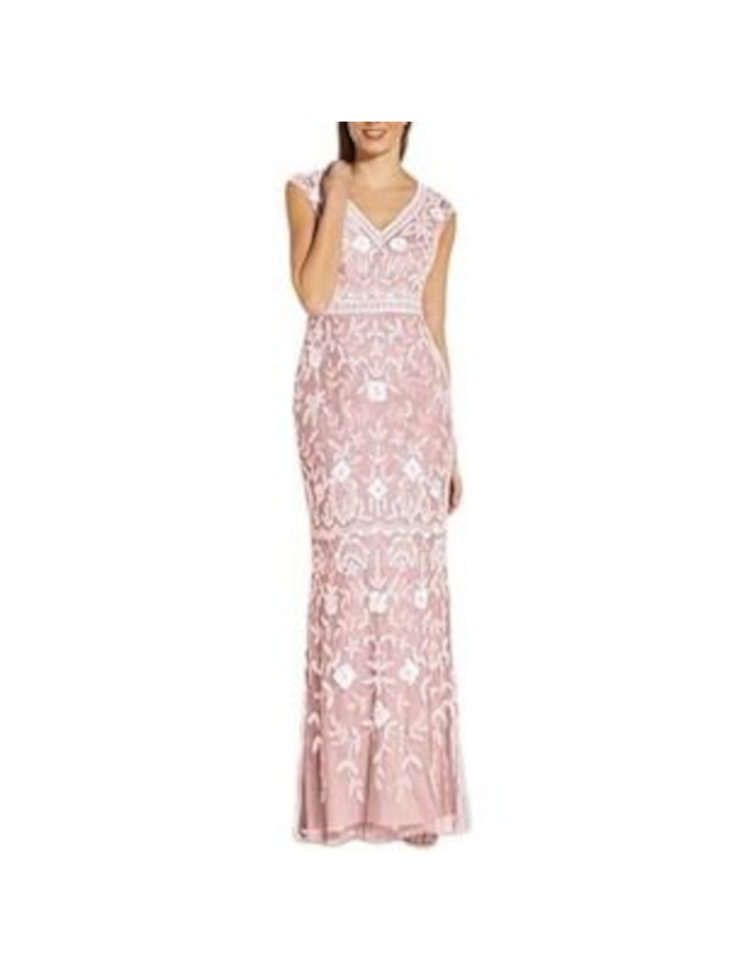 Pink Embellished Cap Sleeve V Neck Full-Length Mermaid Dress A4258