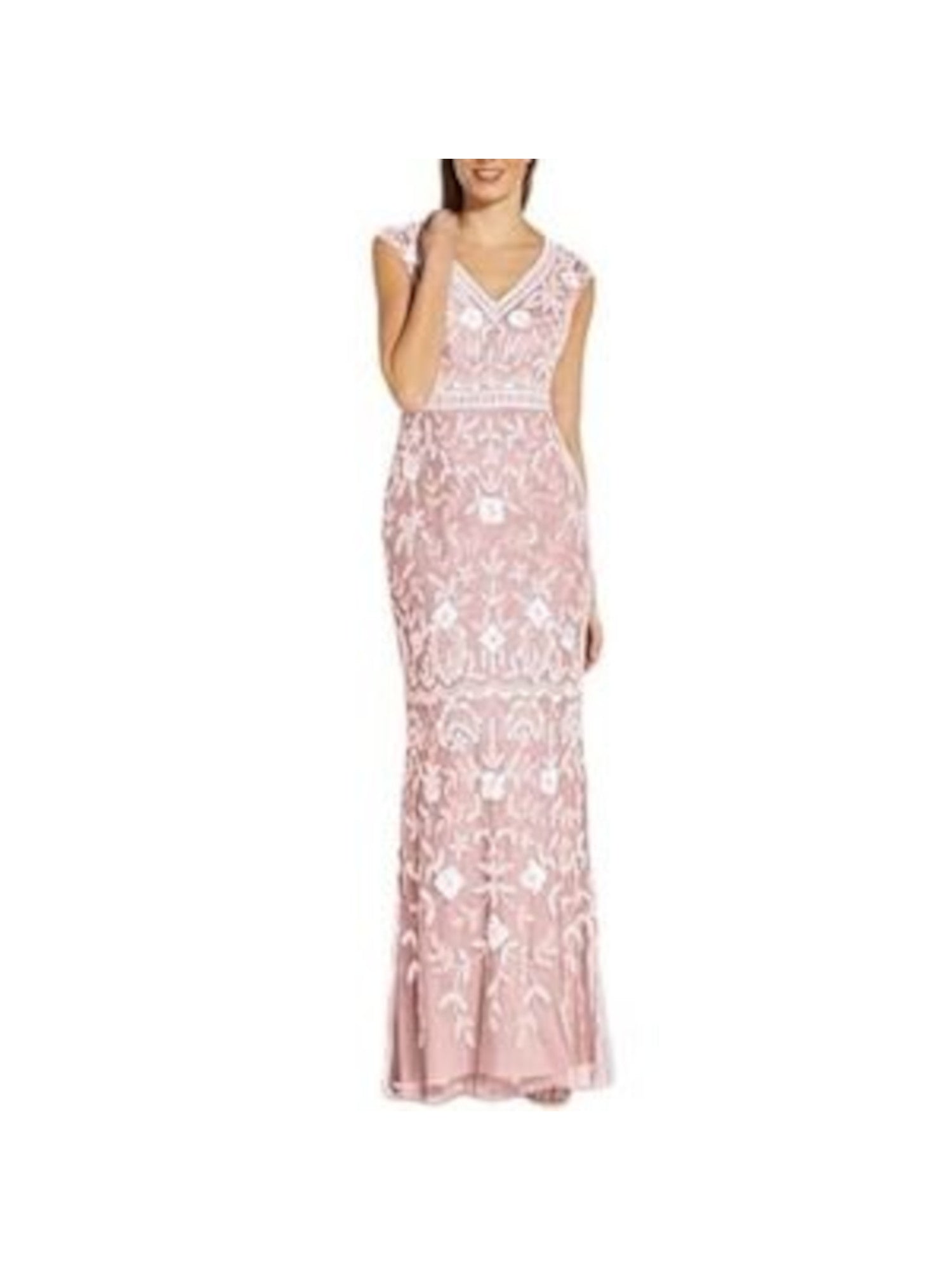 Pink Embellished Cap Sleeve V Neck Full-Length Mermaid Dress A4258