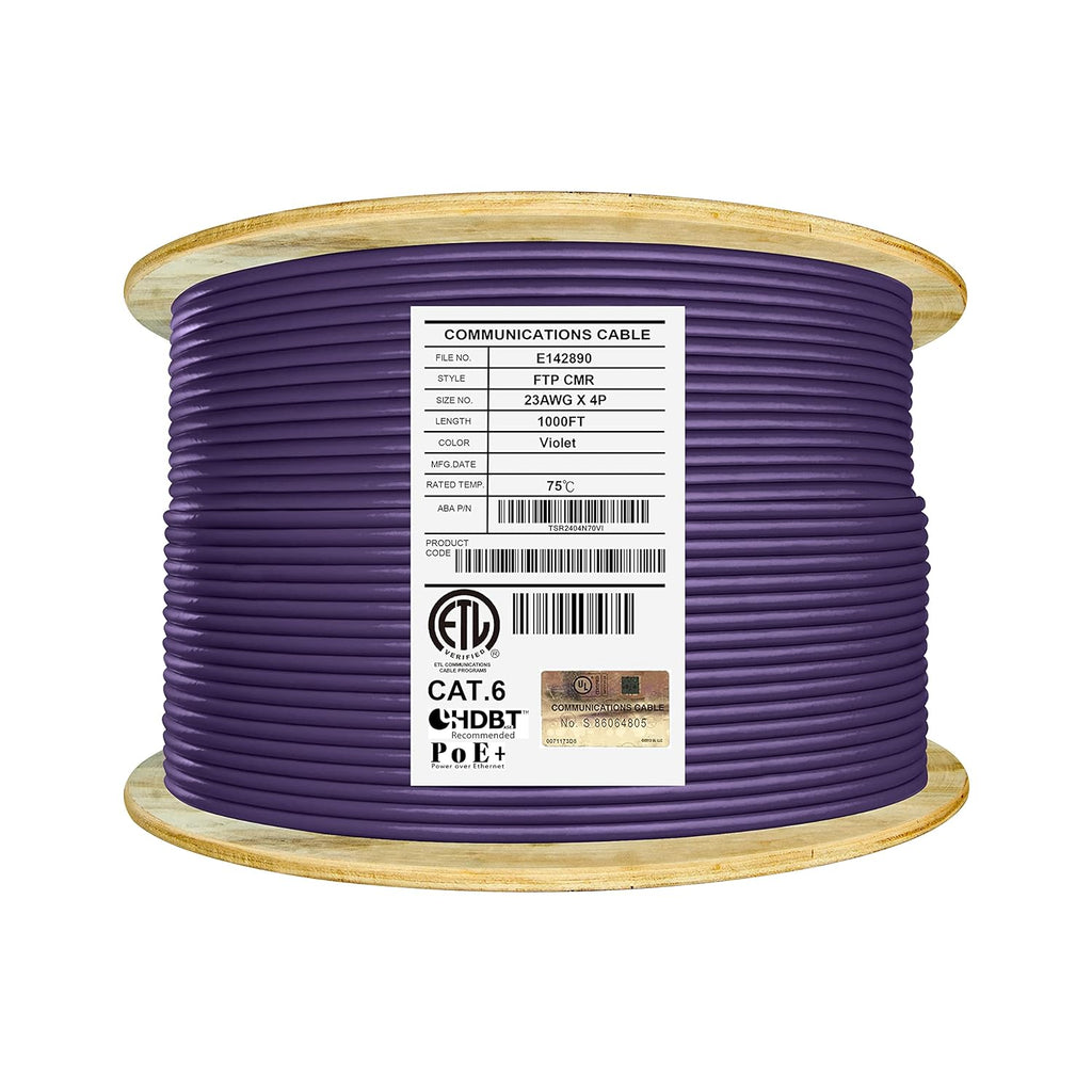 Cat6 Shielded Riser 1000ft F/UTP 23AWG Solid Bare Copper 550MHz Bulk Ethernet Cable Reel White Q9948