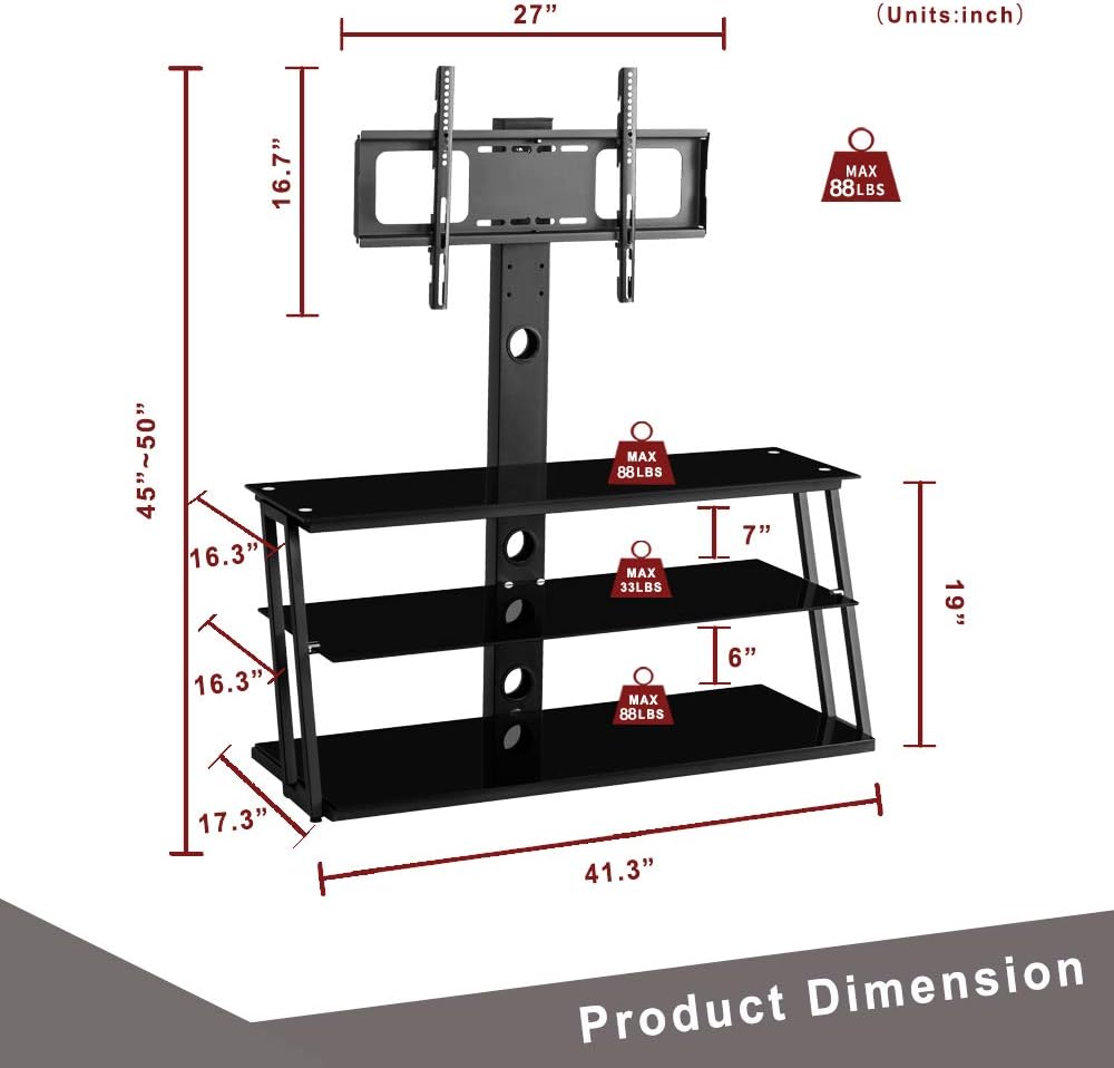 Swivel Floor TV Stand with Adjustable Tempered Wooden Shelves C540