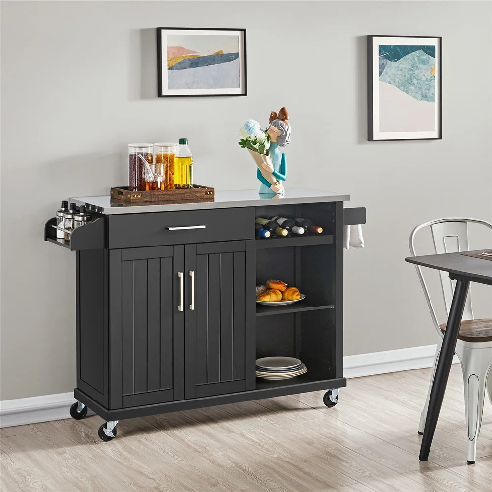 Black Kitchen Island Cart on Wheels with Stainless Steel Top and Open Shelves H1313