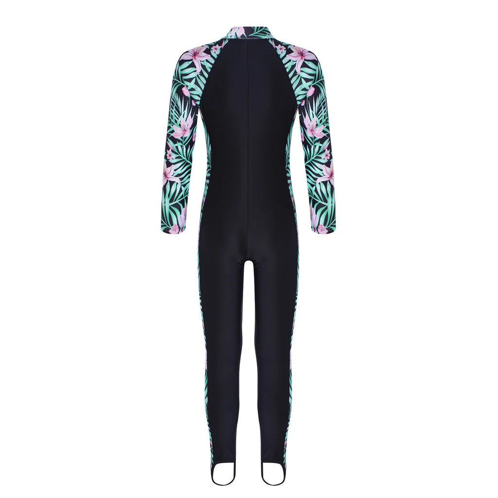 Kids Girls One Piece Zip up Rash Guard Shirt Swimsuit O576