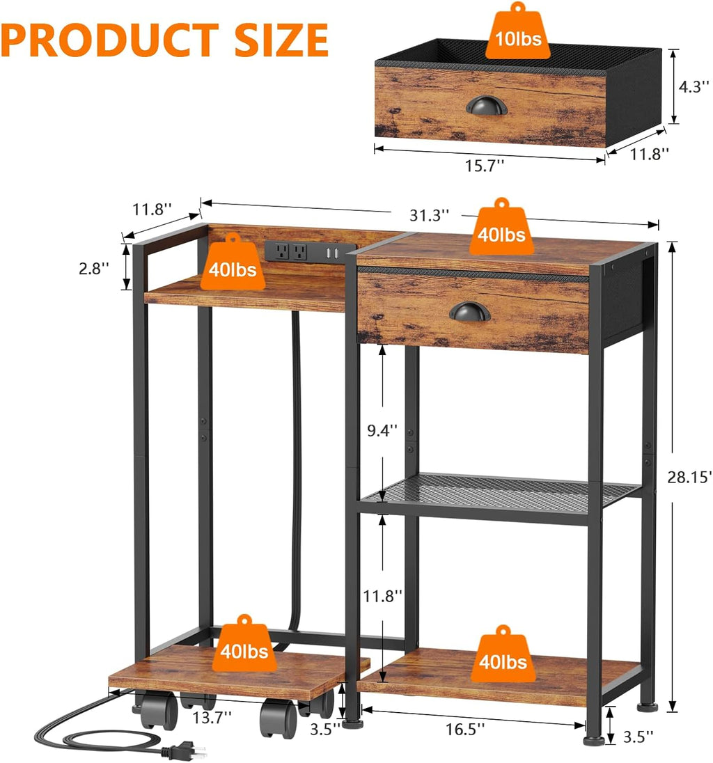 Printer Stand with Storage Drawer, 3 Tier, Wheels, Rustic Brown Q7311