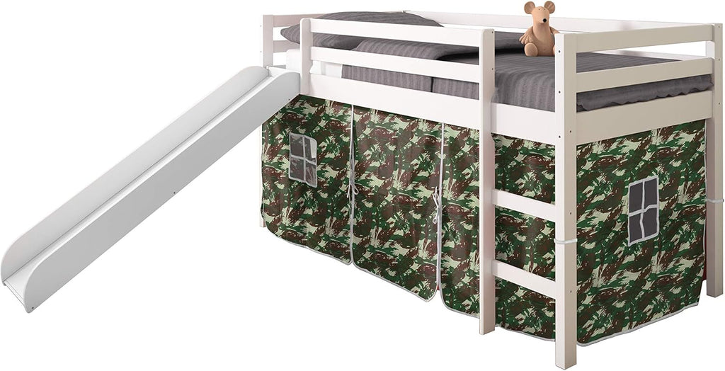 Twin Light Espresso Kids Loft Bed with Slide and Camo Tent I290245