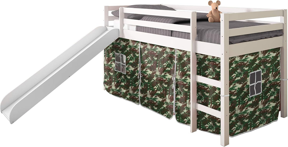 Twin Light Espresso Kids Loft Bed with Slide and Camo Tent I290245