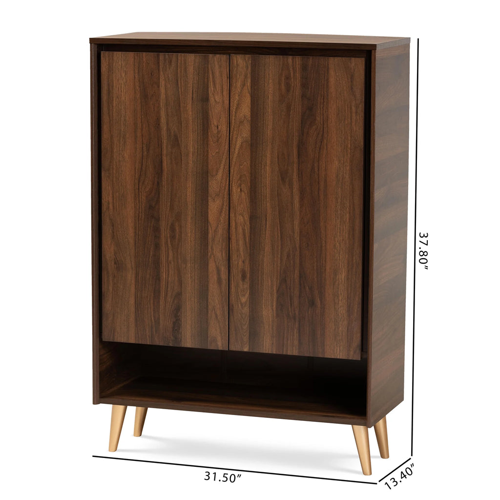 Walnut Brown and Gold Finished Wood 2-Door Shoe Storage Cabinet T131455