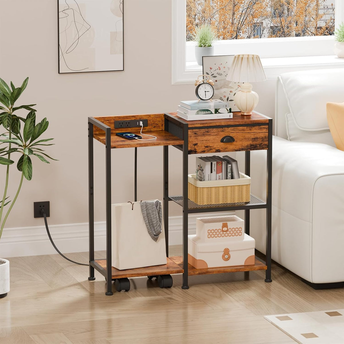 Printer Stand with Storage Drawer, 3 Tier, Wheels, Rustic Brown Q7311