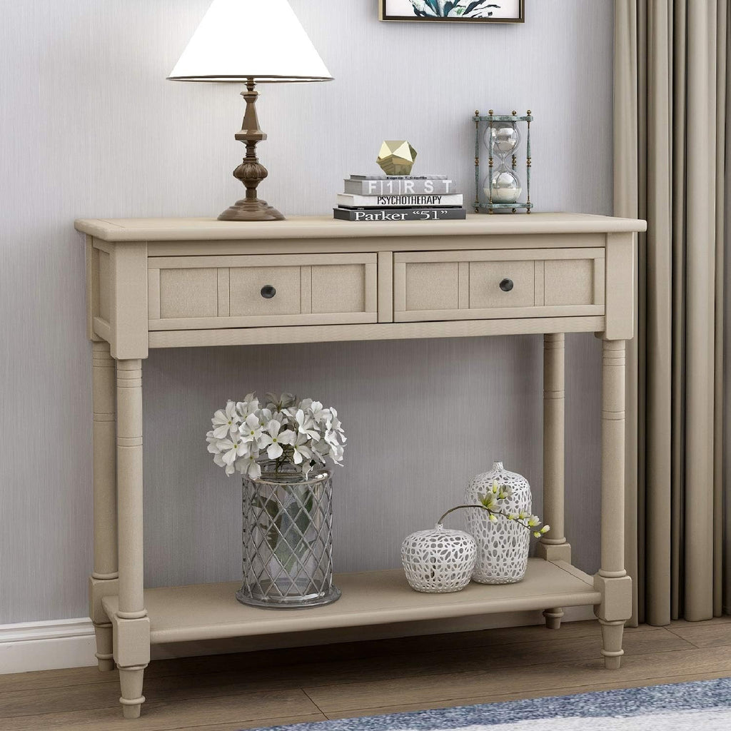 Retro Blue 4-Leg Wood Console Table with Two Drawers and Bottom Shelf P8434