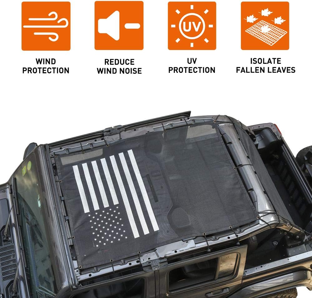 Mesh Shade Top Sunshade Screen for Jeep Wrangler JL JLU, USA Flag, Polyester, Black Q54527