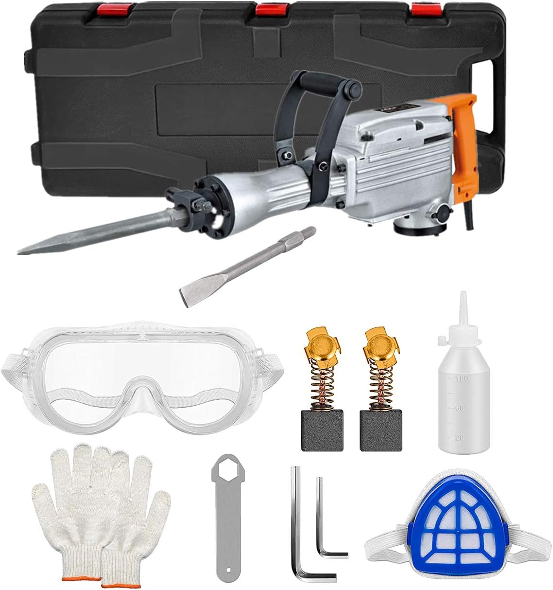 2200 Watt Electric Demolition Jack Hammer Concrete Breaker with Point and Flat Chisels T436493