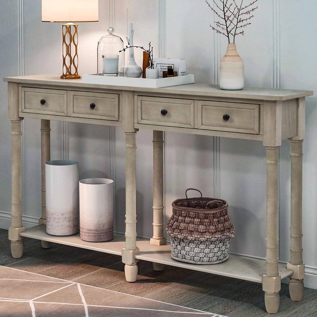 Retro Blue 4-Leg Wood Console Table with Two Drawers and Bottom Shelf P8434