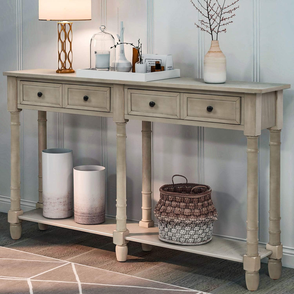 Retro Blue 4-Leg Wood Console Table with Two Drawers and Bottom Shelf P8434