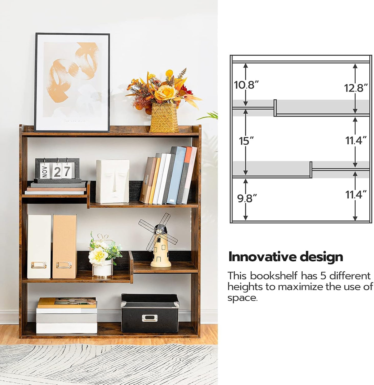 Rustic Brown Wooden Bookcase with Open Shelves W7638