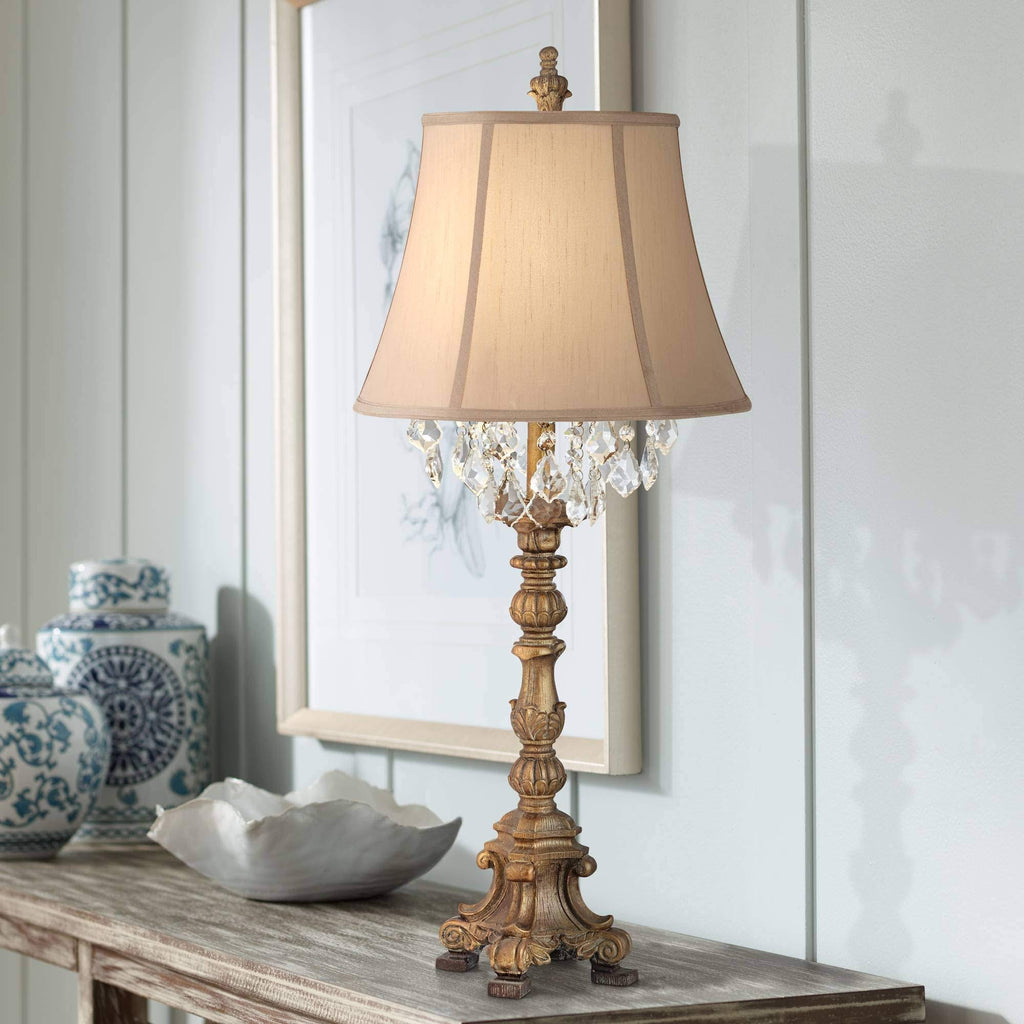 Crystal Gold Candlestick Table Lamp with Beige Bell Shade V589