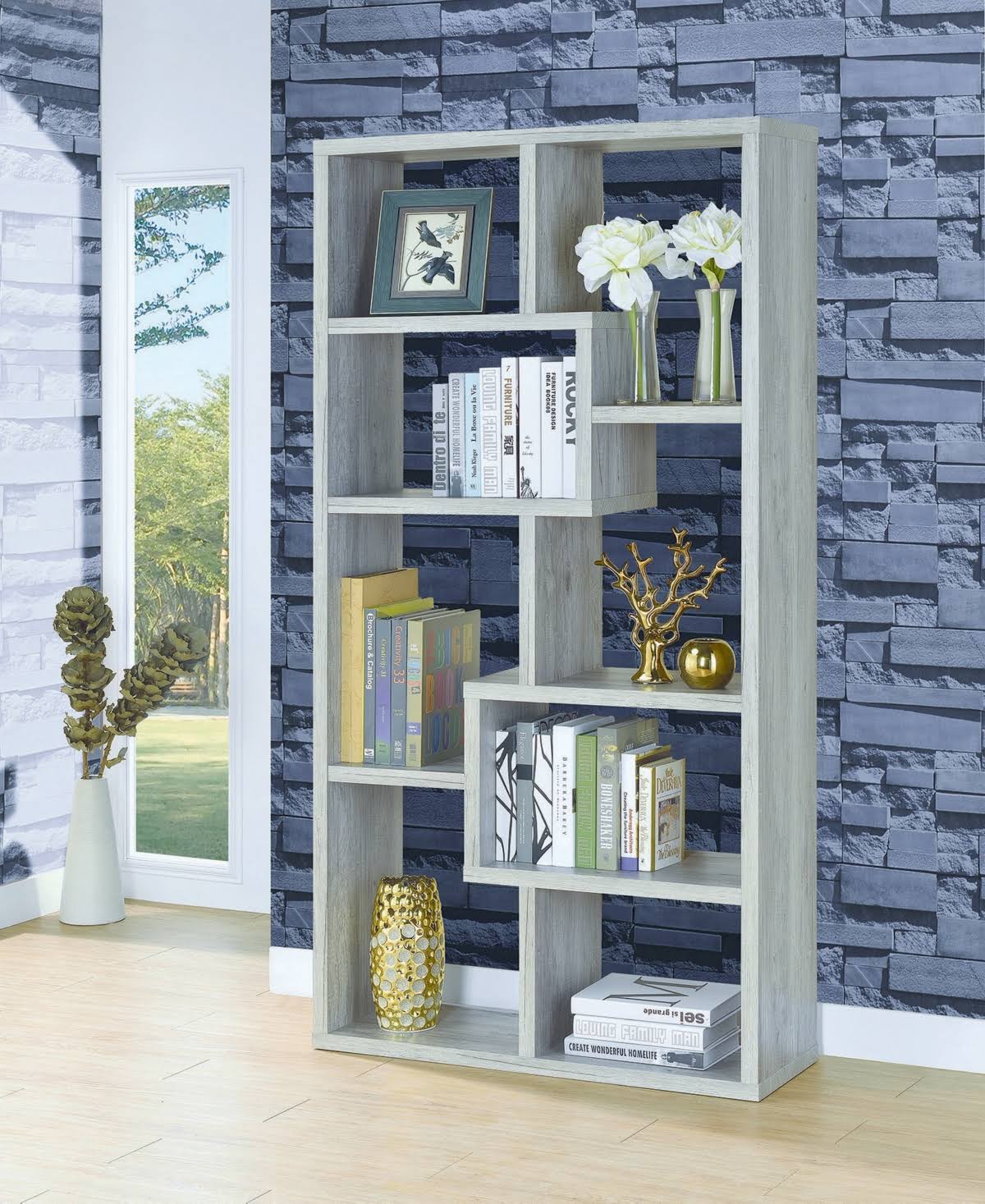 Grey 8-Shelf Staggered Bookcase E70211