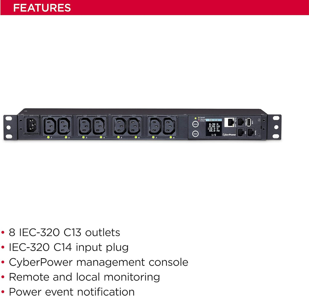 Switched Metered-By-Outlet PDU, 100-240V/15A, 8 Outlets, 1U Rackmount I932