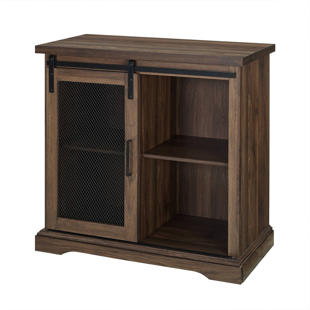 Industrial Farmhouse Accent Cabinet with Sliding Mesh Door Dark Walnut S937378