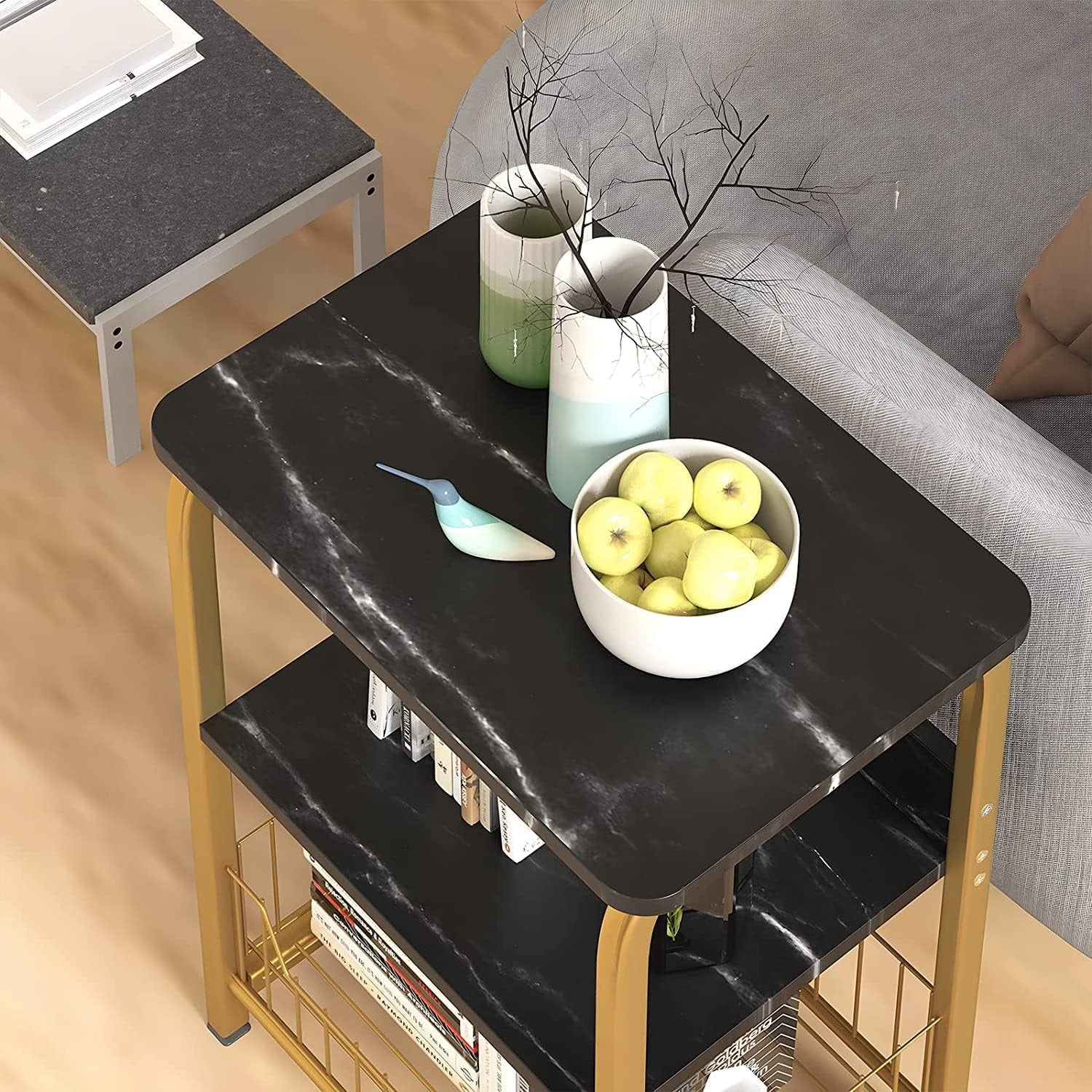 Black Marble 3 Tiers Nightstand with Wood and Metal Frame S6019