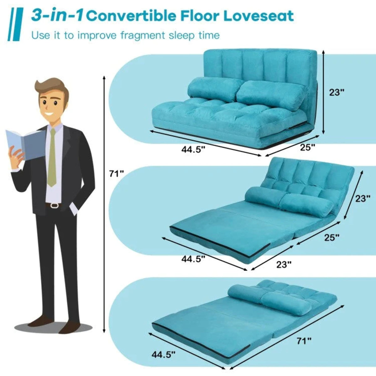 Teal Blue Foldable Floor Sofa Bed with Cloth Cover U76425