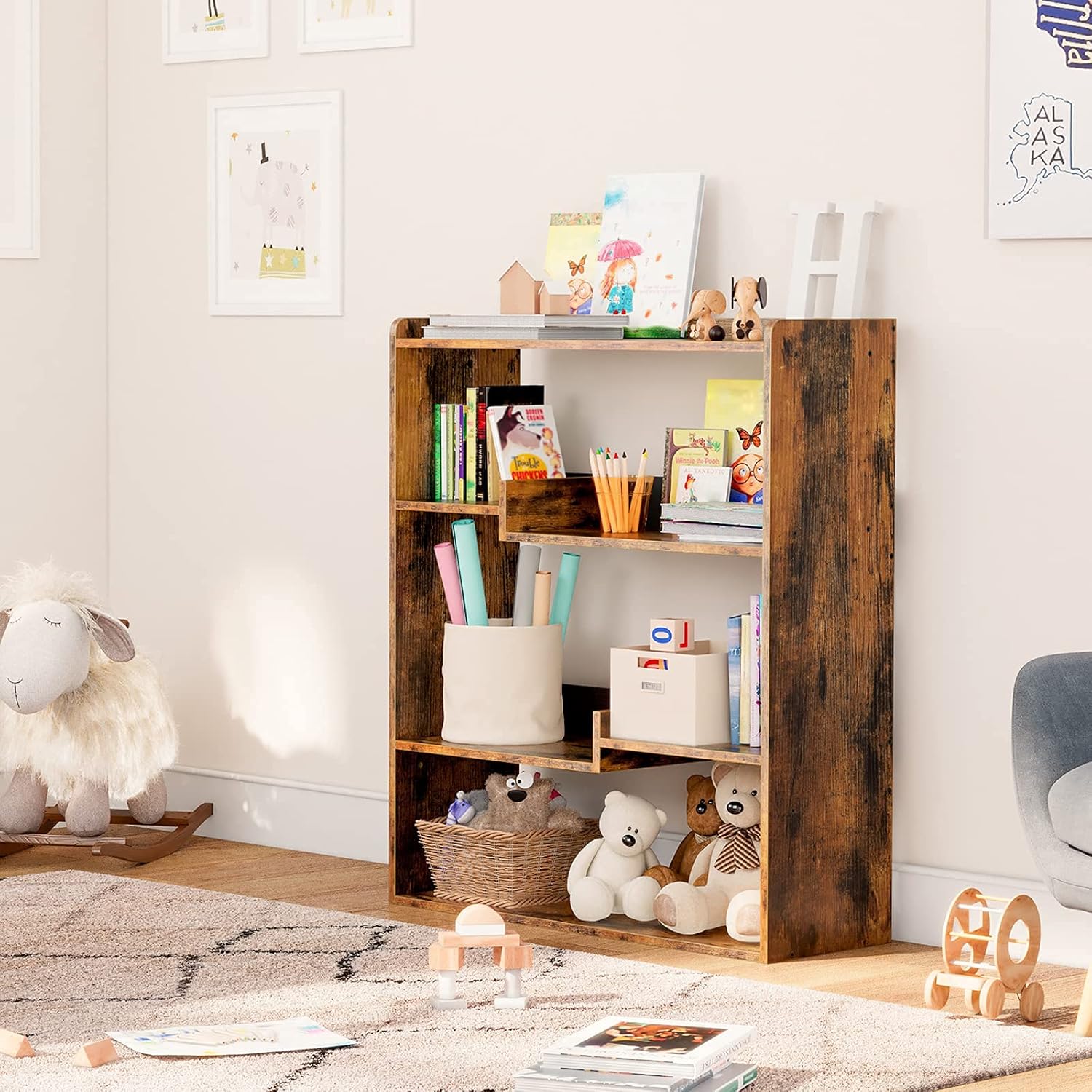 Rustic Brown Wooden Bookcase with Open Shelves W7638