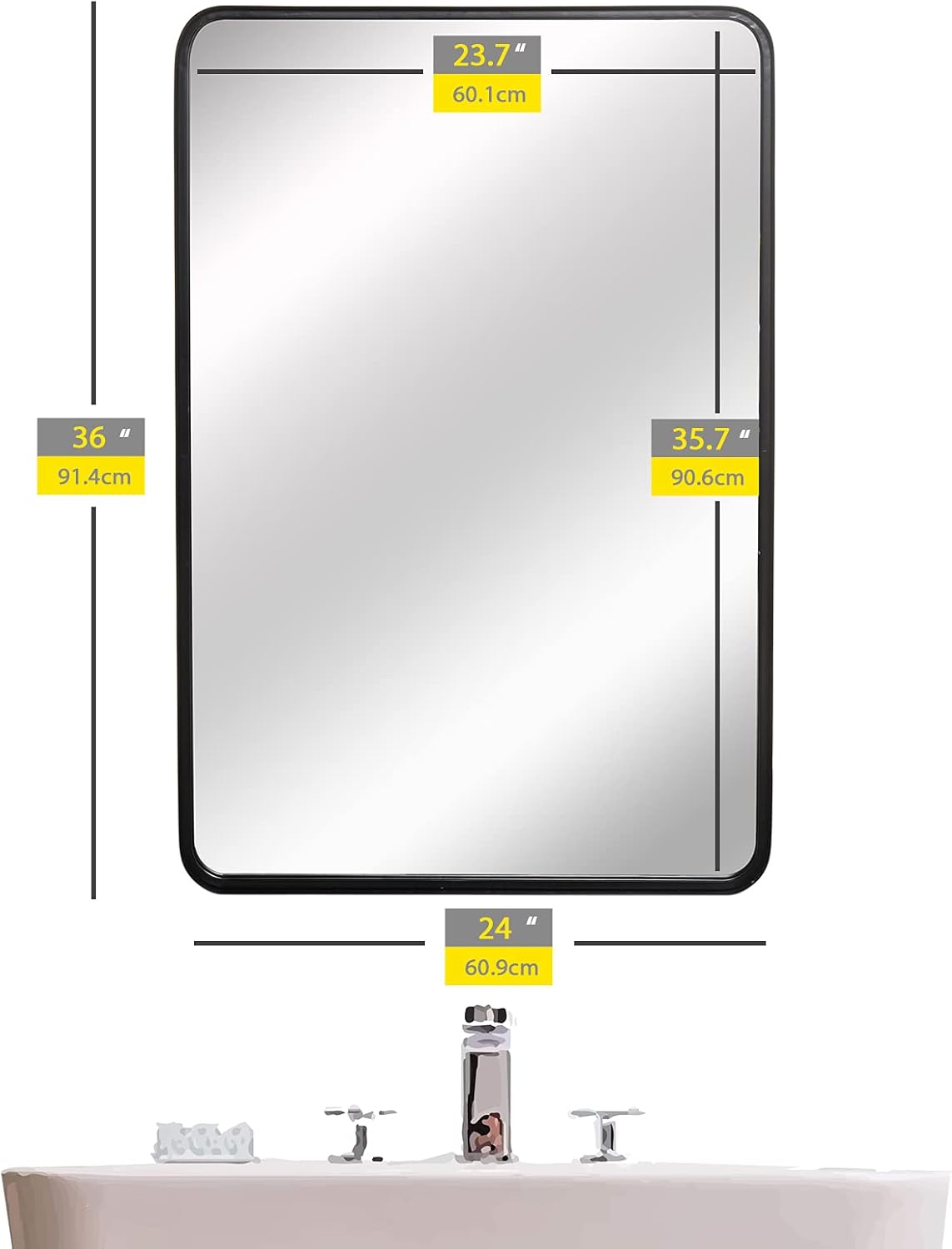 Black Rectangle Wall Mirror with Metal Rounded Corner Frame N1208