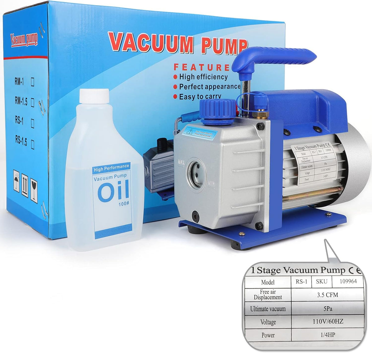 3.5 CFM Single Stage Rotary Vane Vacuum Pump, 1/4HP, 1/4" Flare U2241