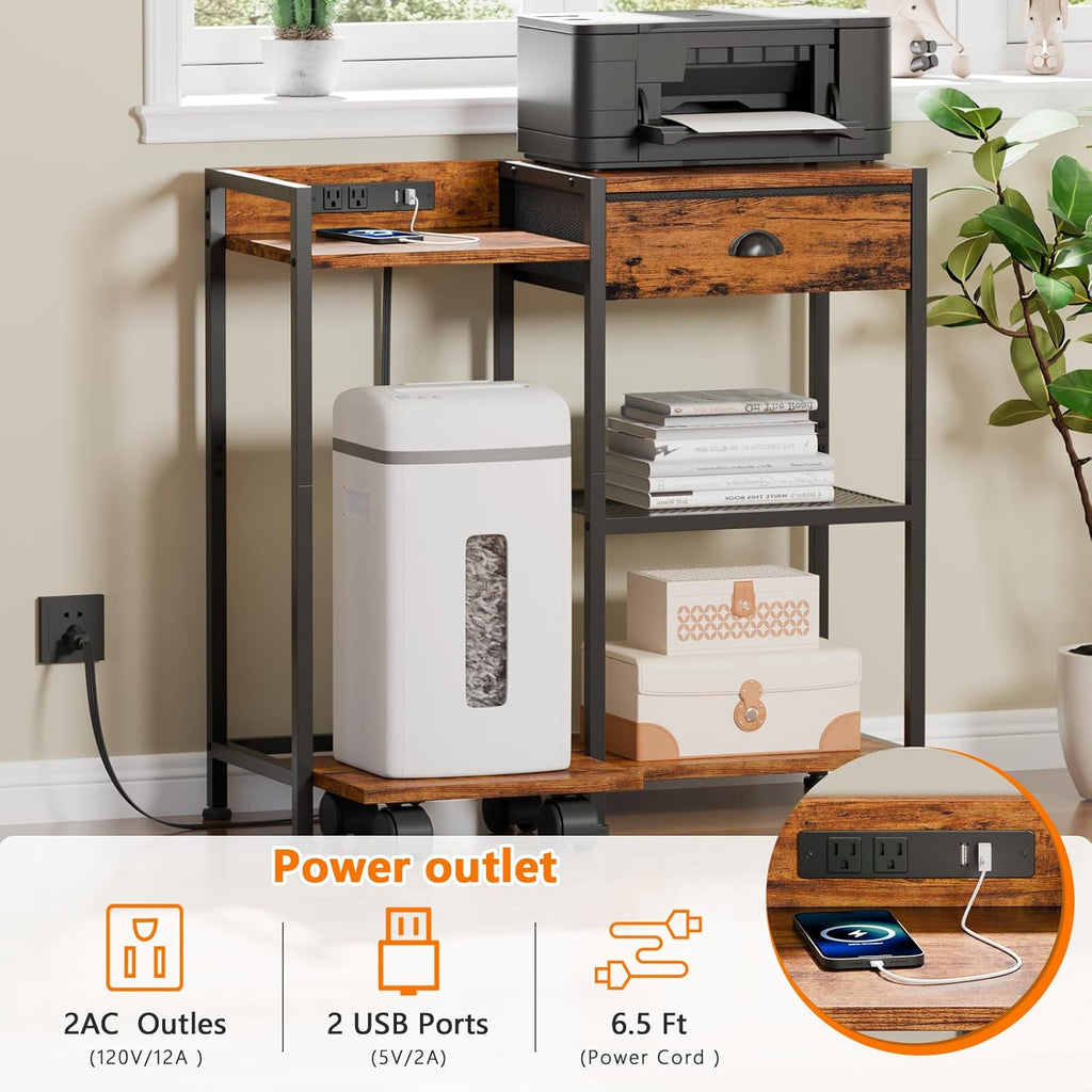 Printer Stand with Storage Drawer, 3 Tier, Wheels, Rustic Brown Q7311
