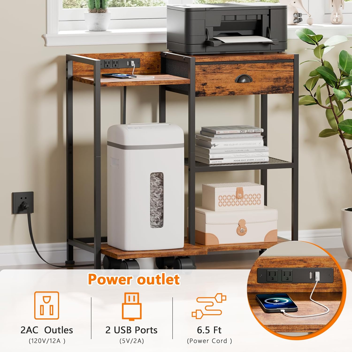 Printer Stand with Storage Drawer, 3 Tier, Wheels, Rustic Brown Q7311