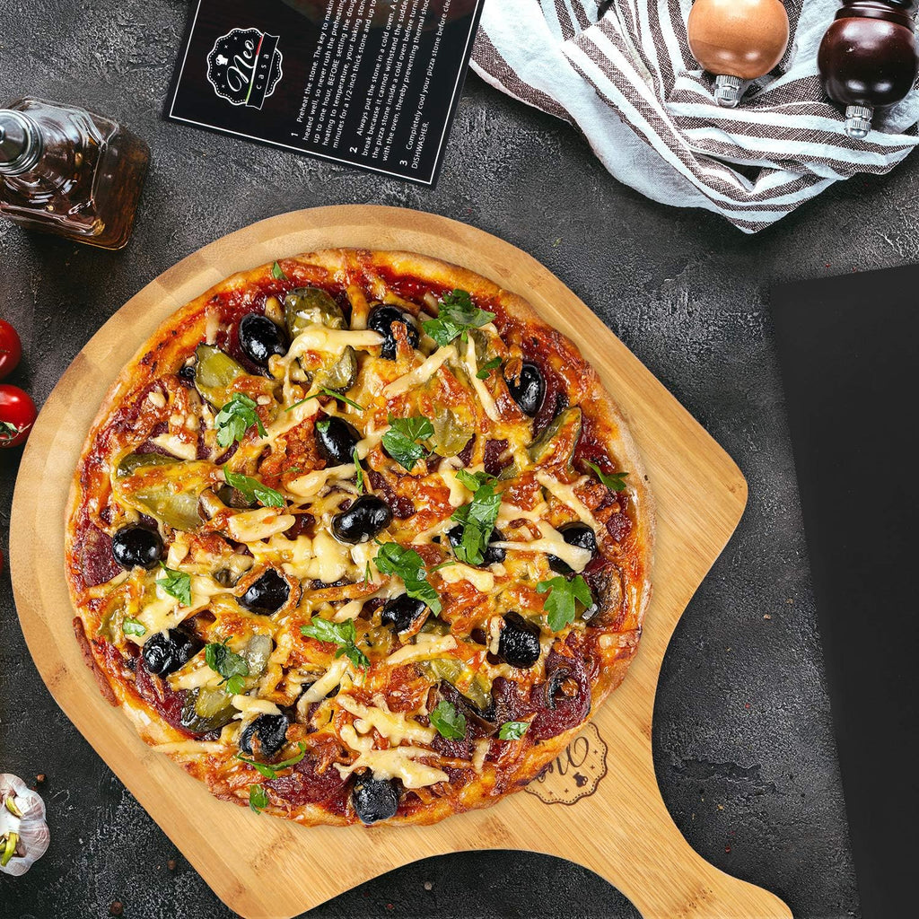 Black Cordierite Ceramic Coated Pizza Stone Pan Set with Bamboo Pizza Peel & Pizza Cutter E6278