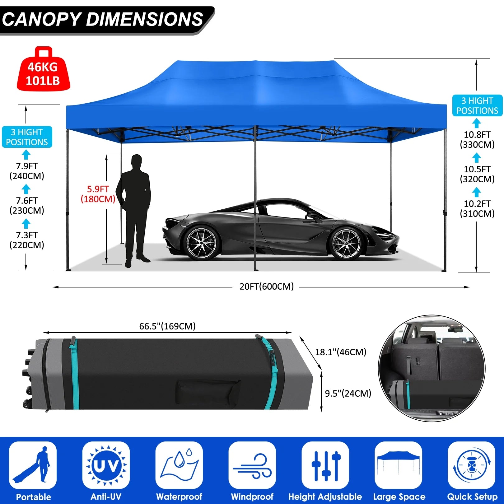 10' x 20' Pop Up Canopy Tent Straight Leg Shelter with Roller Bag, Blue X512346