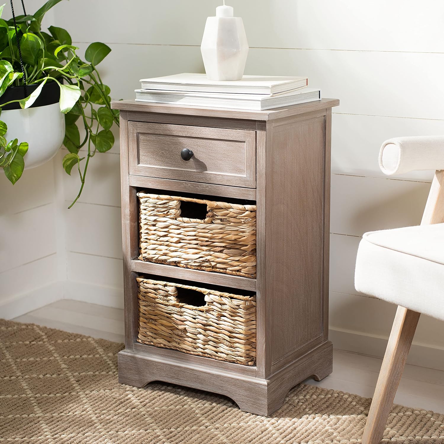 Vintage Grey / Natural Wicker 3-Drawer Storage Nightstand Side Table W47452