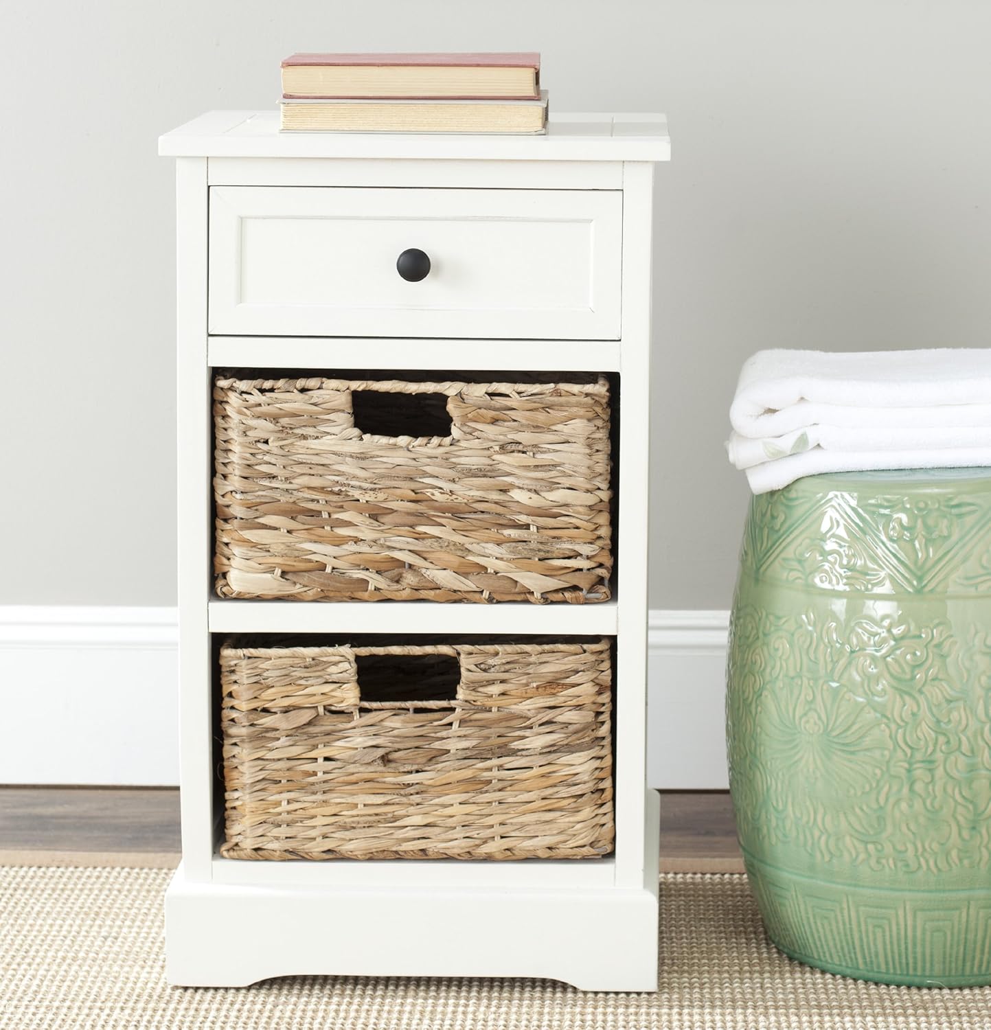 Vintage Grey / Natural Wicker 3-Drawer Storage Nightstand Side Table W47452