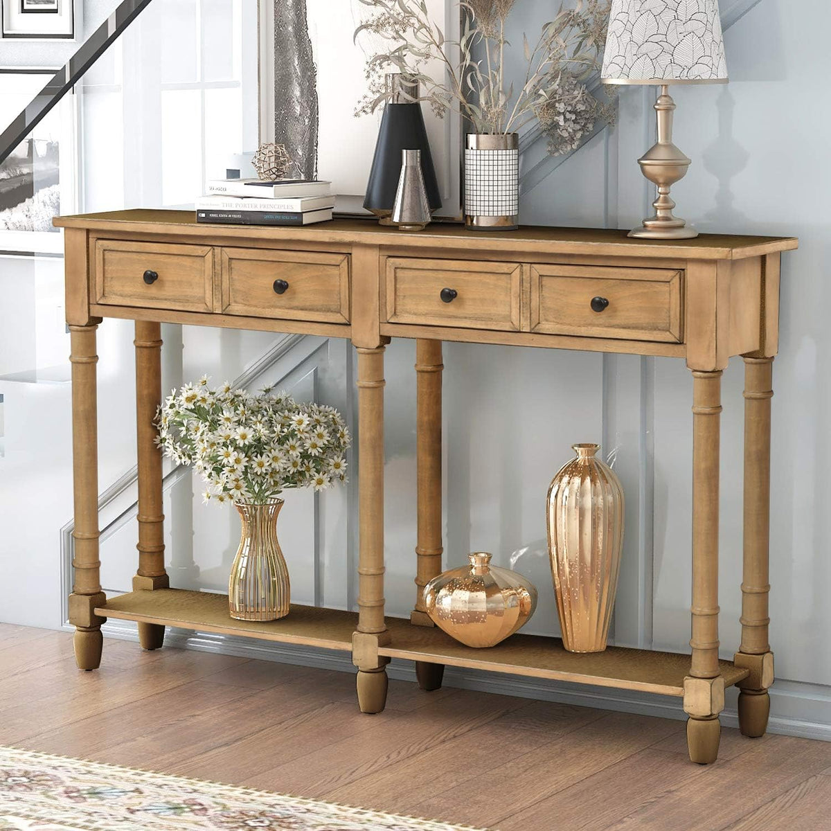 Retro Blue 4-Leg Wood Console Table with Two Drawers and Bottom Shelf P8434