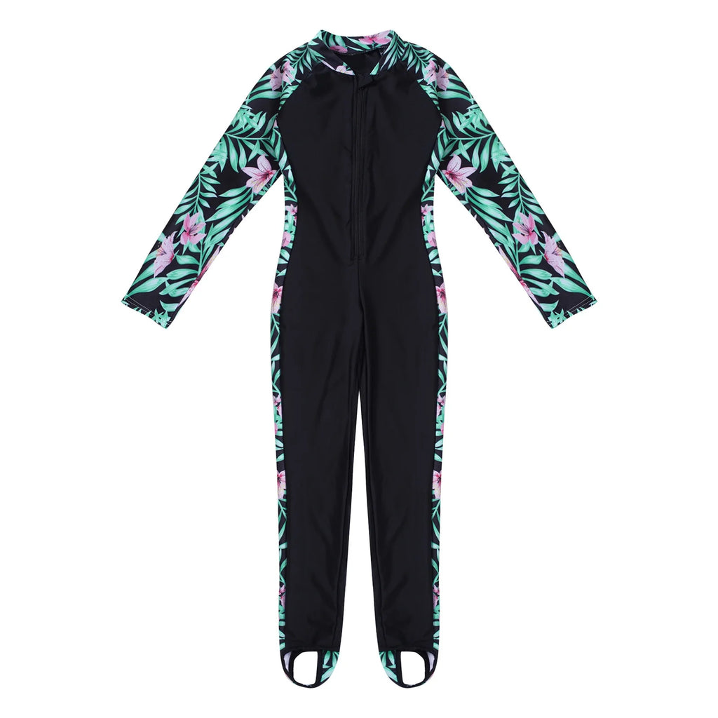 Kids Girls One Piece Zip up Rash Guard Shirt Swimsuit O576