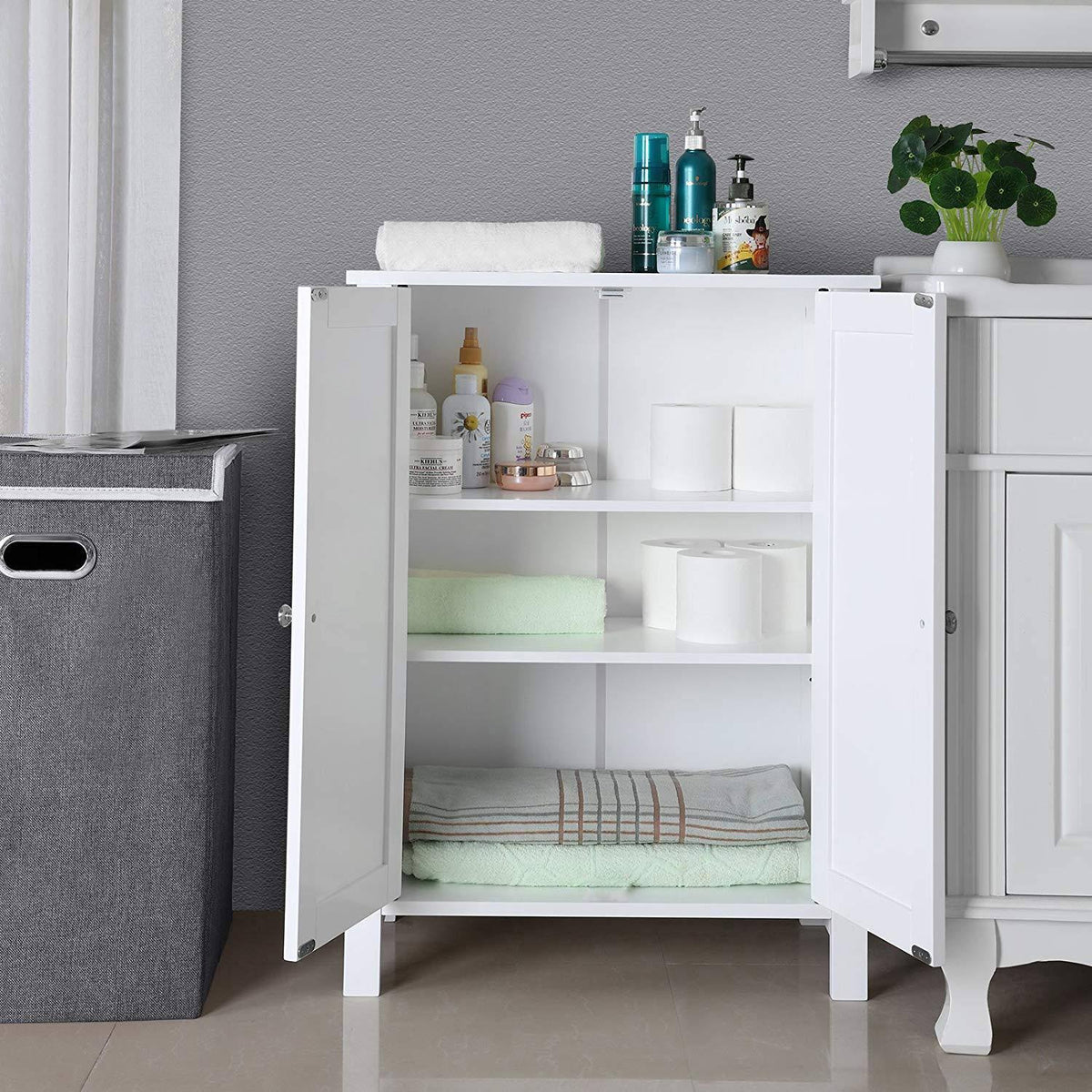White Free Standing Bathroom Floor Cabinet with Double Doors and Adjustable Shelf K9949