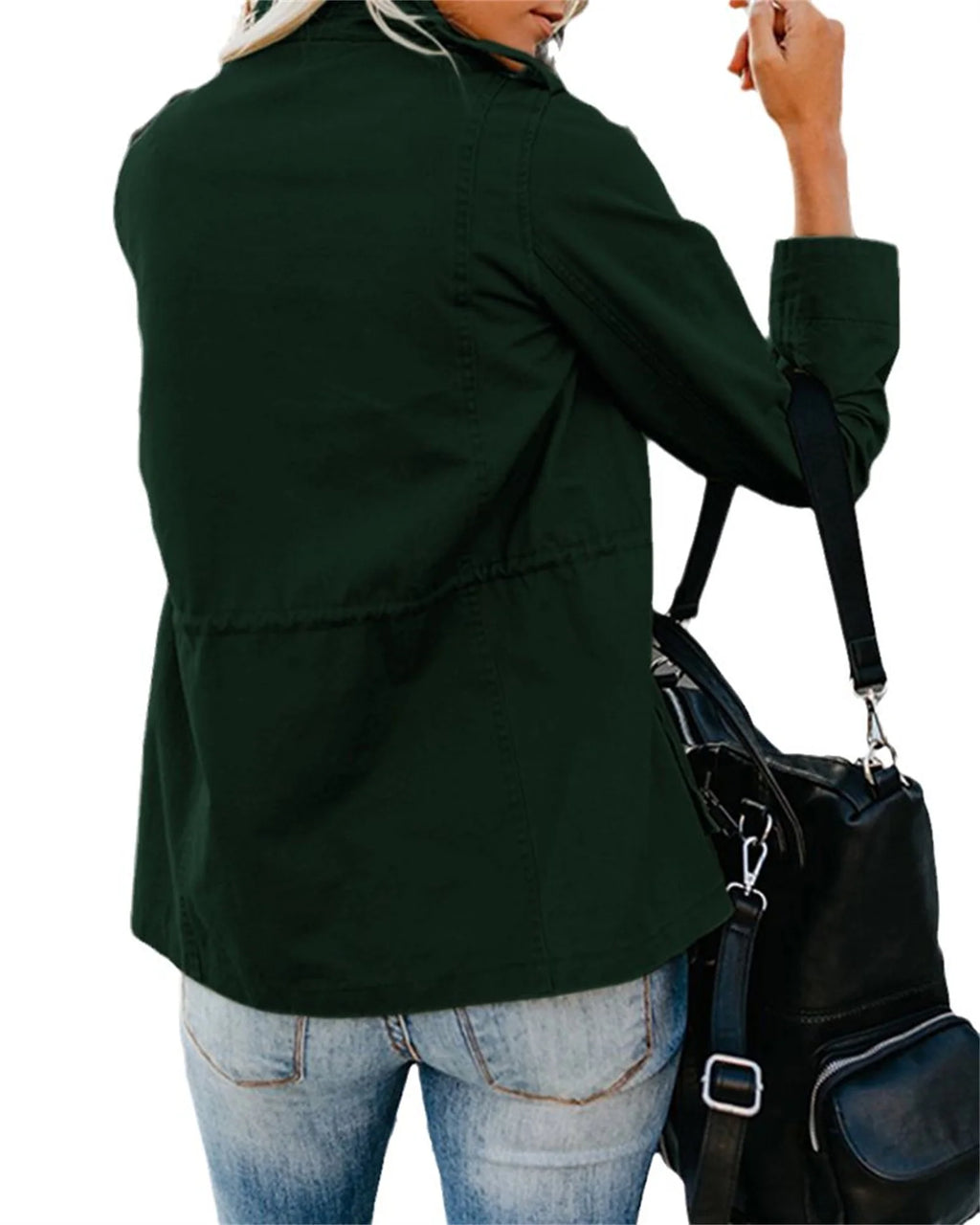 Womens Military Anorak Long Sleeve Jacket Utility Zip Up Lightweight Solid Color Jacket Adjustable Drawstring Waist with Four Front Patch Pockets E8326