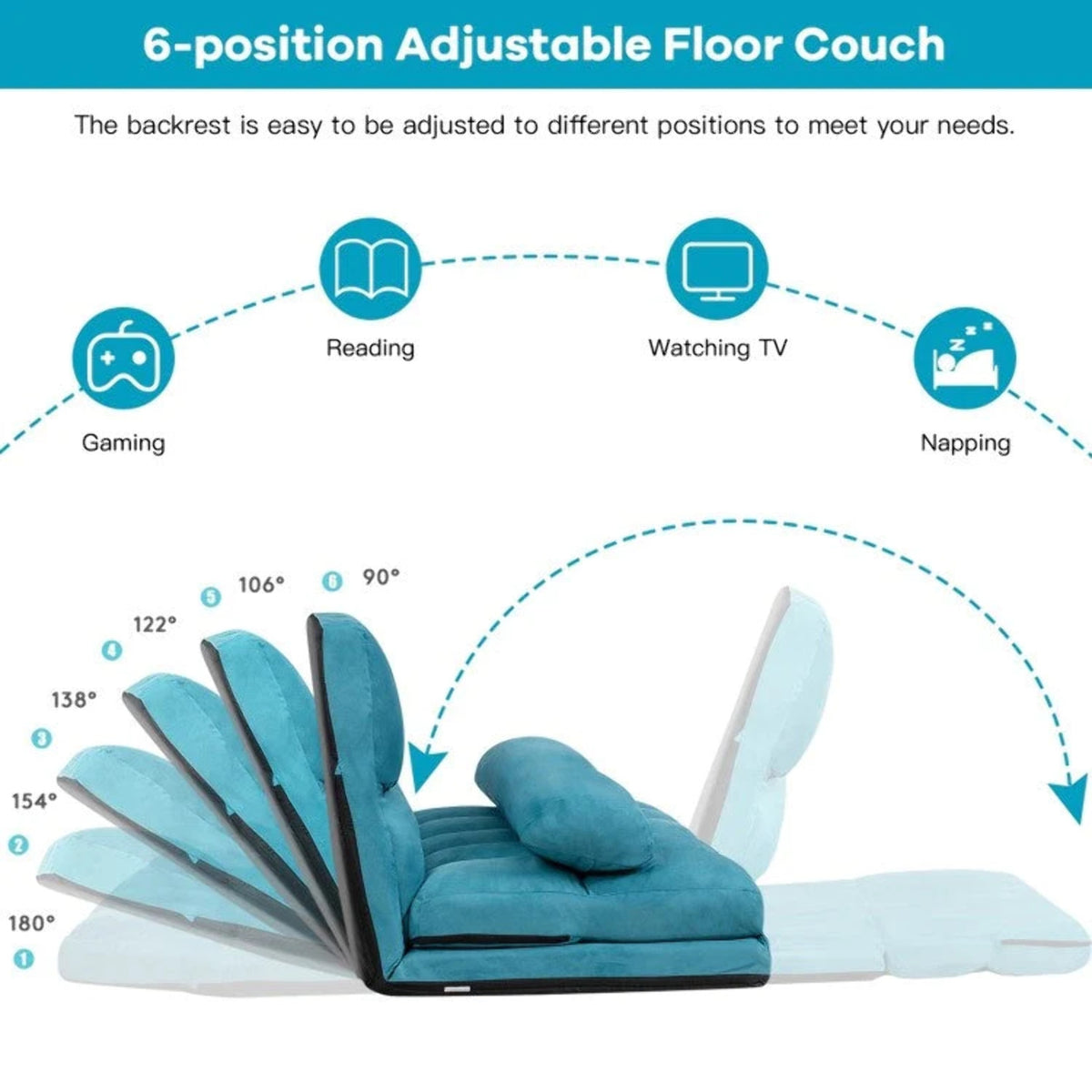 Teal Blue Foldable Floor Sofa Bed with Cloth Cover U76425
