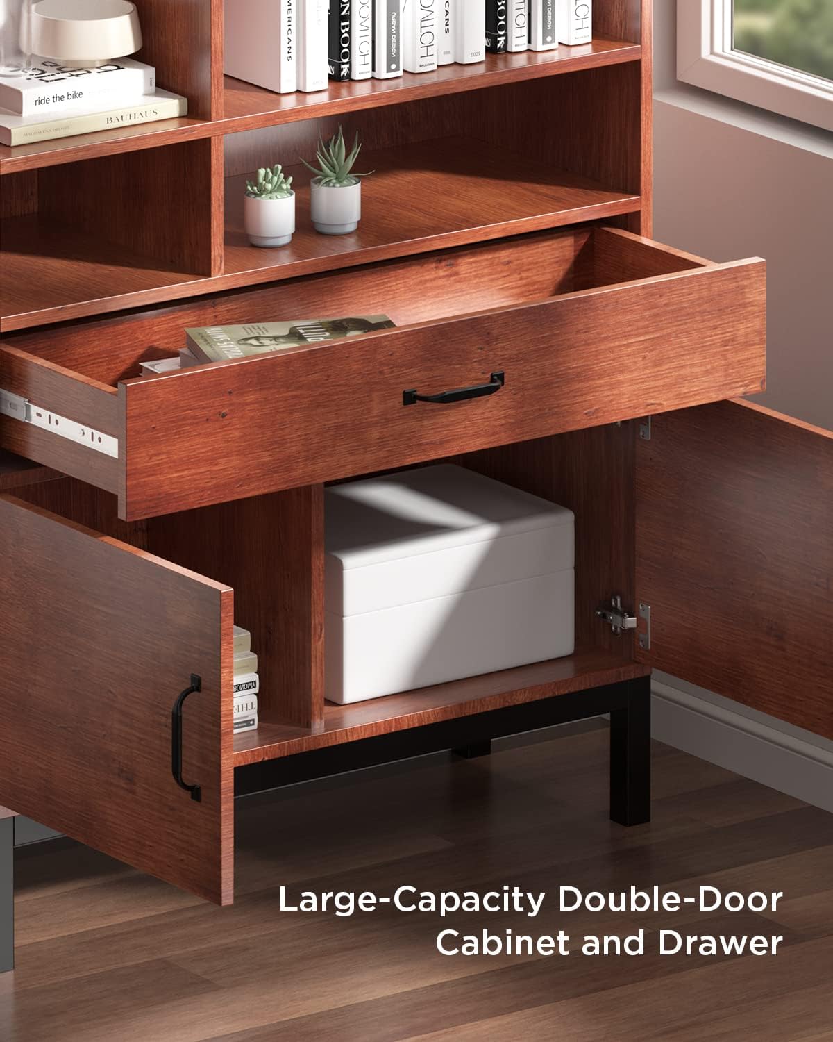 Brown 4 Tier Bookcase with Doors and Drawers R47966