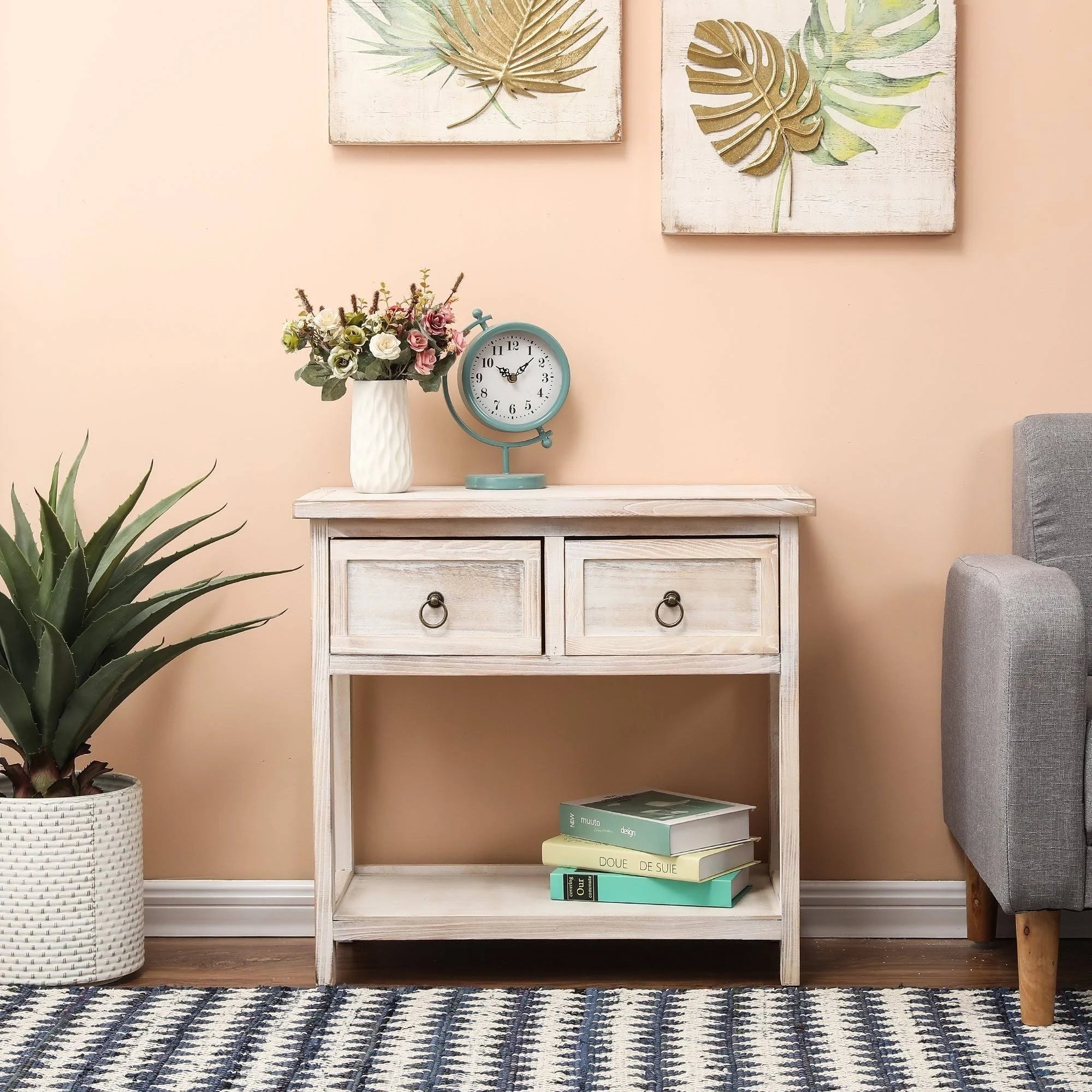 White-Washed Pine Wood Console Table G360