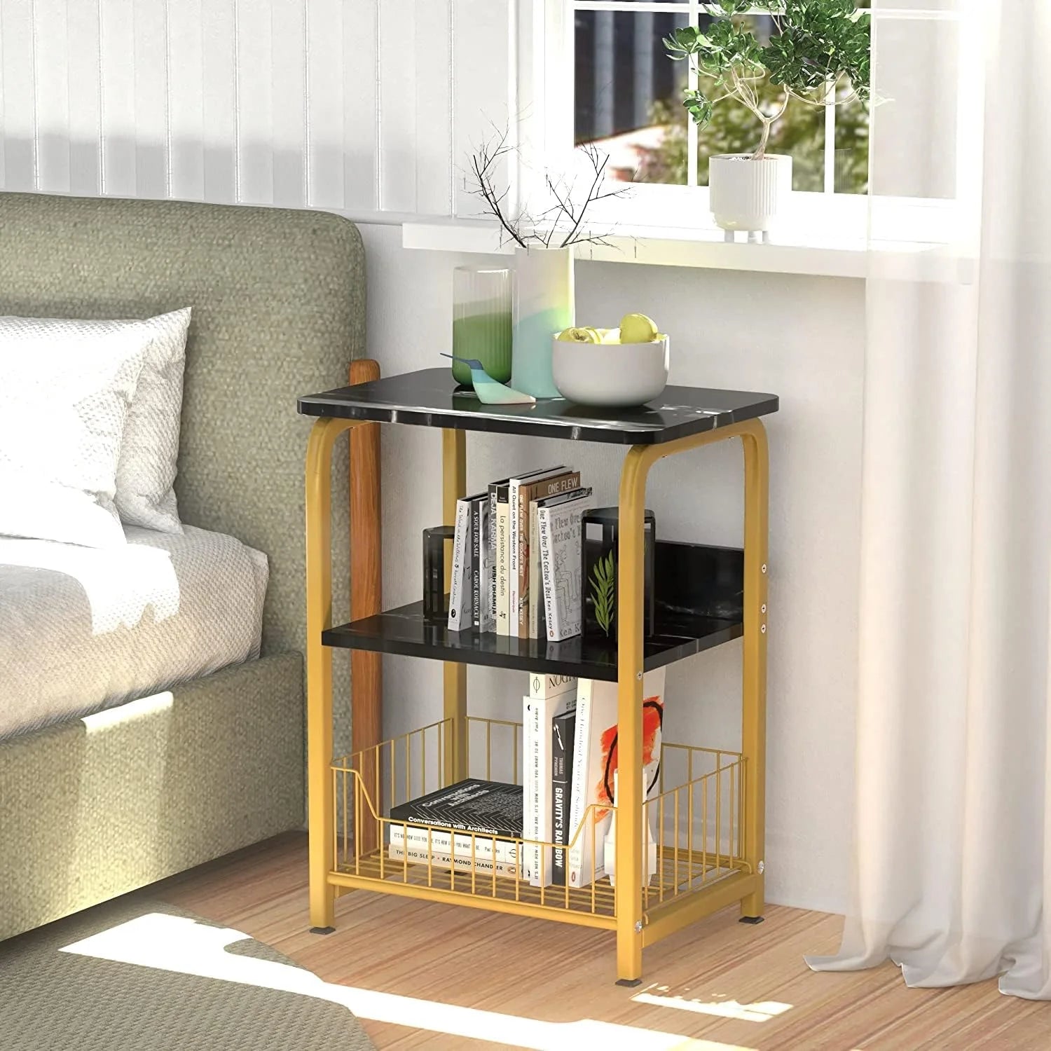 Black Marble 3 Tiers Nightstand with Wood and Metal Frame S6019