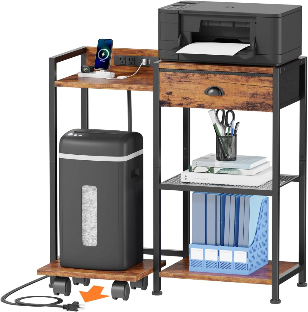 Printer Stand with Storage Drawer, 3 Tier, Wheels, Rustic Brown Q7311