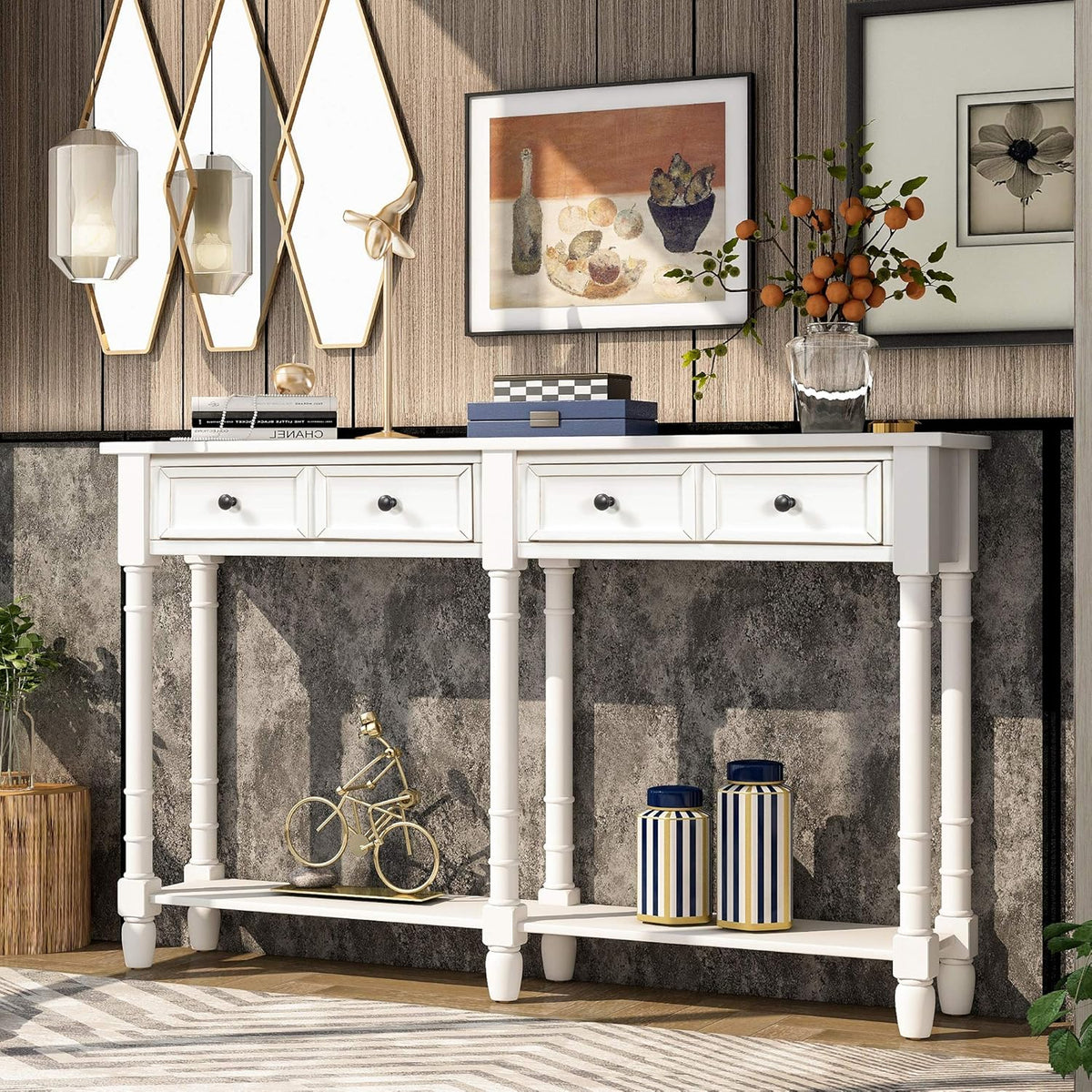 Retro Blue 4-Leg Wood Console Table with Two Drawers and Bottom Shelf P8434