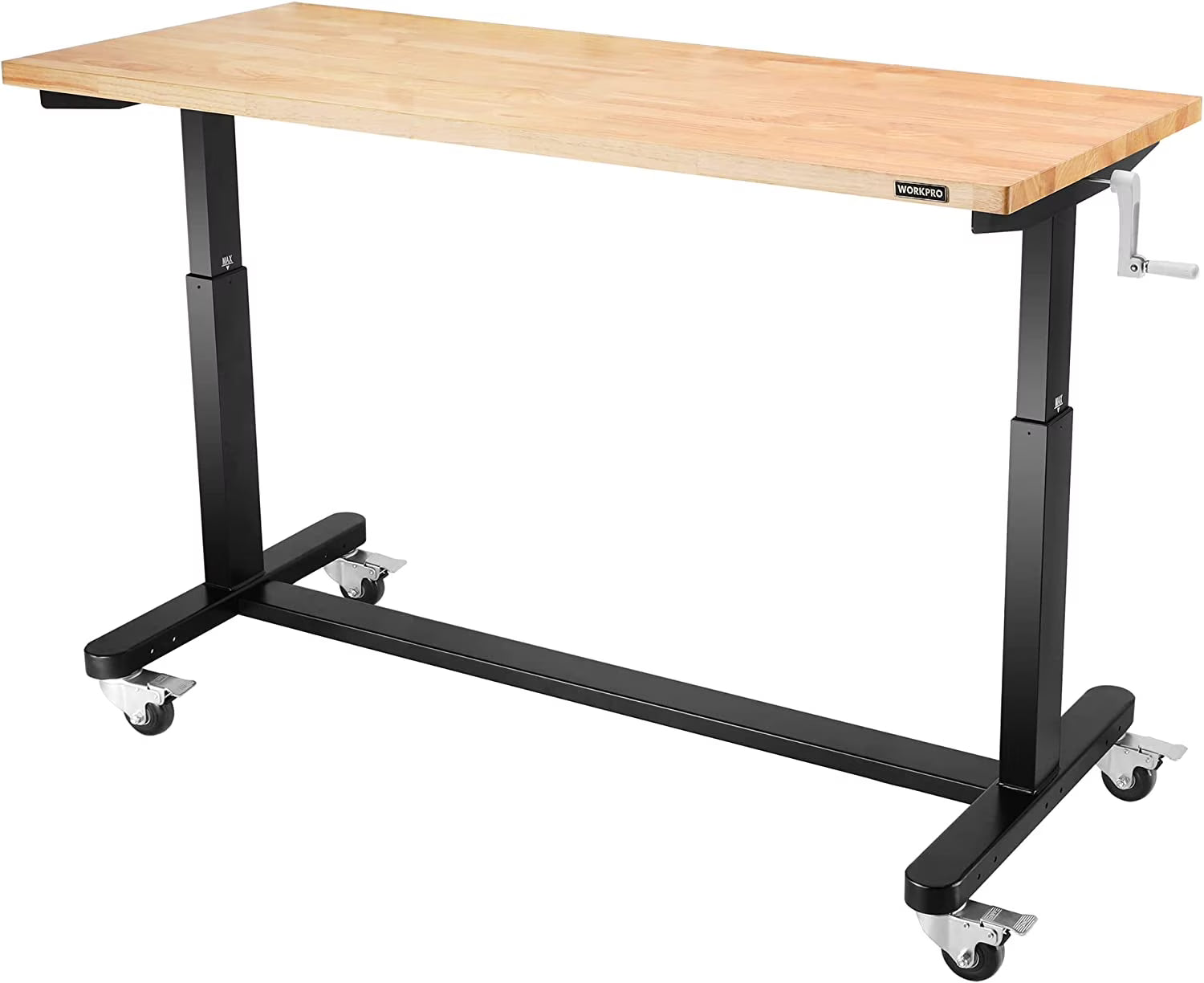 60" x 24" Rubber Wood Top Height Adjustable Work Table with Crank Handle and Casters T7884