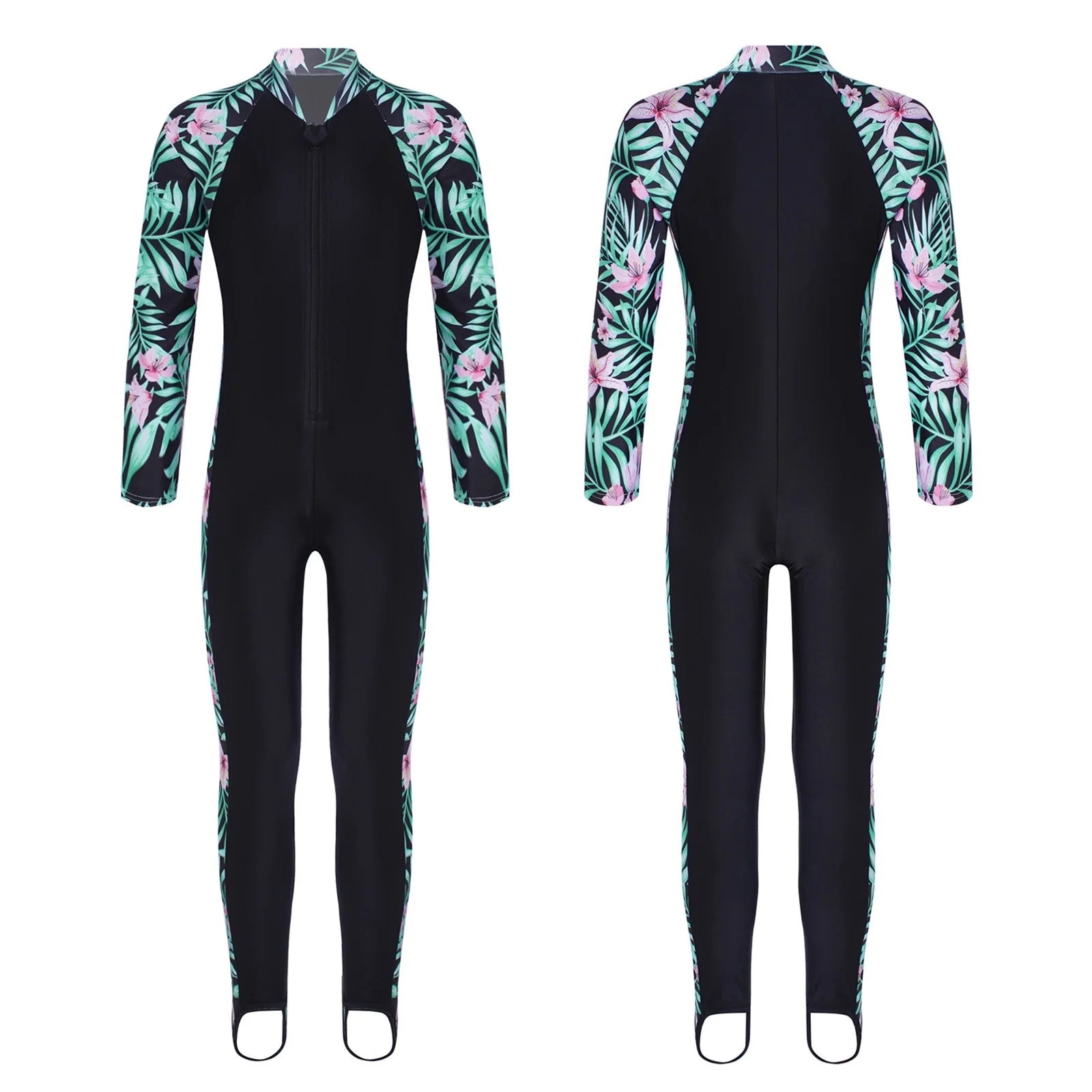 Kids Girls One Piece Zip up Rash Guard Shirt Swimsuit O576
