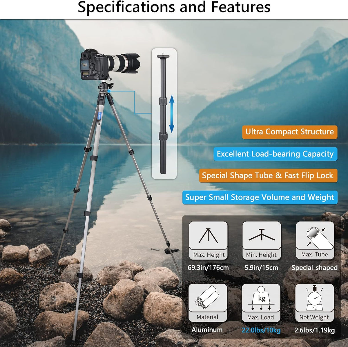 Camera Tripod Ultra Compact with 36MM Low Profile Ball Head, 10kg/22lb Load, Wireless Remote, Pack of 2 D887463