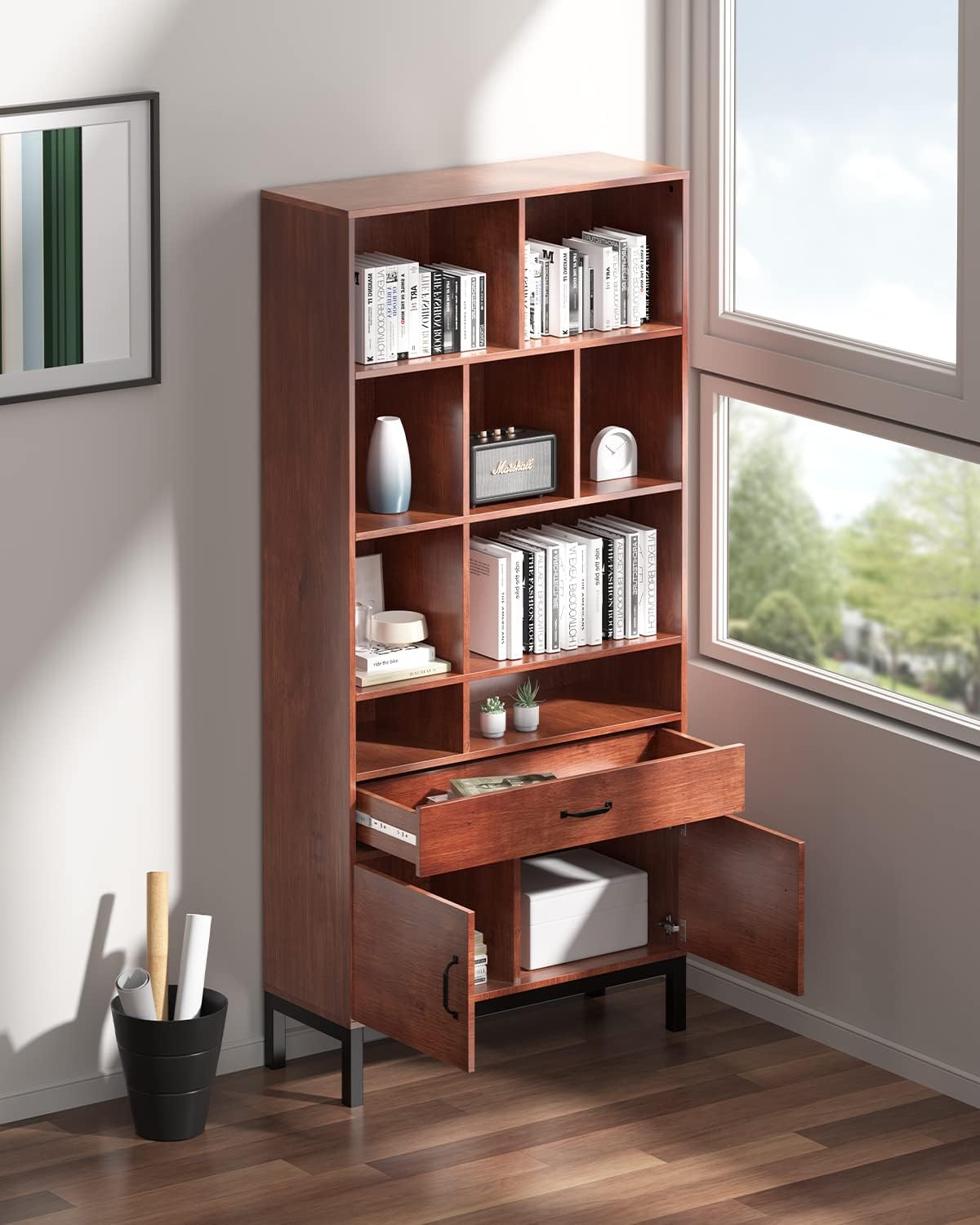 Brown 4 Tier Bookcase with Doors and Drawers R47966